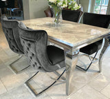 Louis Grey Marble Dining Table 150cm/ 180cm/ 200cm  + Sandhurst Button Back Plush Velvet Dining Chairs, Black