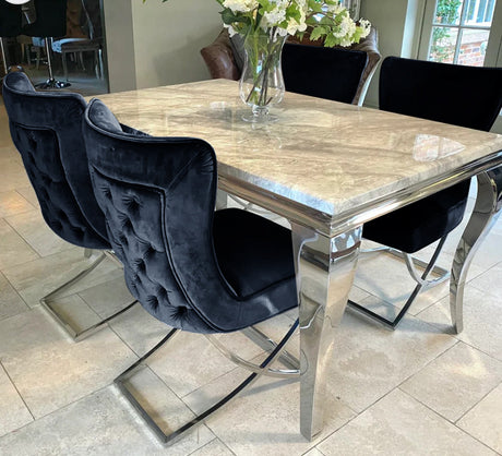 Louis Grey Marble Dining Table 150cm/ 180cm/ 200cm  + Sandhurst Button Back Plush Velvet Dining Chairs, Mink