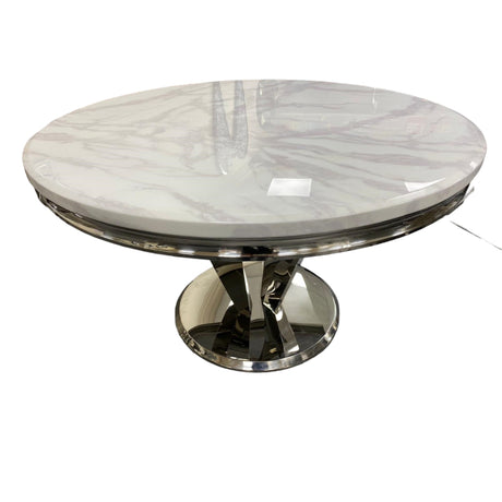 Arturo 130cm Round White Marble Dining Table With Set of Sandhurst Dark Grey Plush Velvet Button Dining Chairs