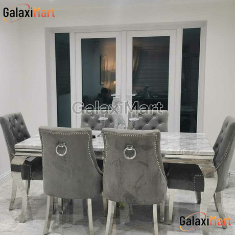 Louis 120cm Grey Marble Dining Table With Set of Dark Grey Knocker Plush Velvet Dining Chairs