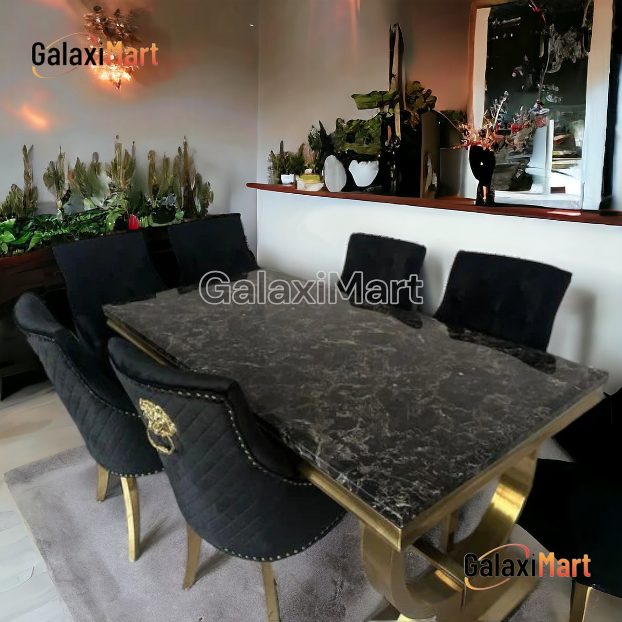 Arianna 180CM Gold Marble Dining Table With Gold Lion Knocker Dining Chairs