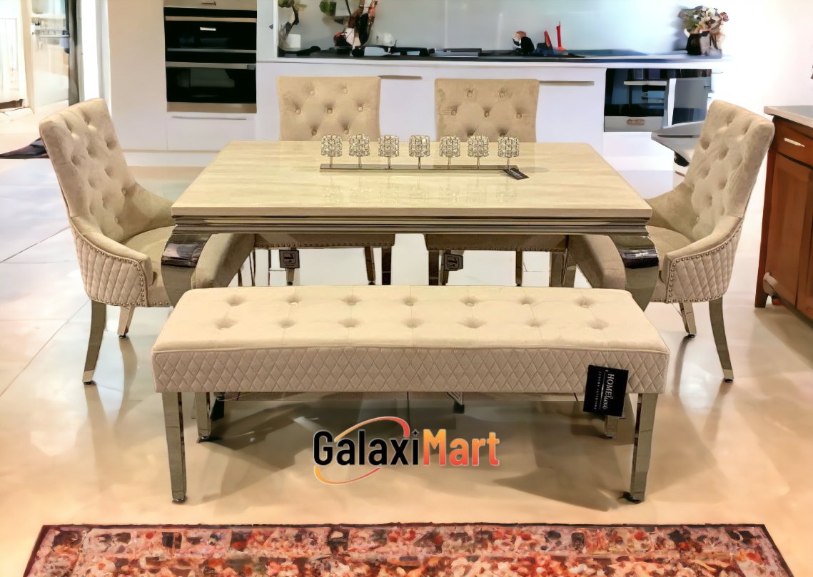 Louis Cream Marble Dining Table With 4 Bentley Mink Grey Lion Knocker Chairs & Matching Bench