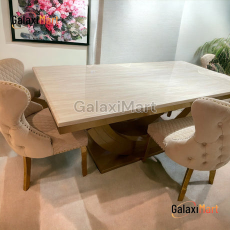 2m Gold & Cream Marble Dining Table With Set of Cream/Black Gold Loin Knocker Dining Chairs, Cream