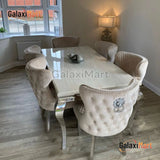 Louis 150cm/180cm/200cm Cream Marble Dining Table With Tufted Loin Knocker Velvet Dining Chairs