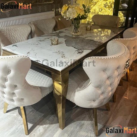 Louis Gold & Pandora Marble Dining Table With Set of Cream and Gold Loin Knocker Dining Chairs