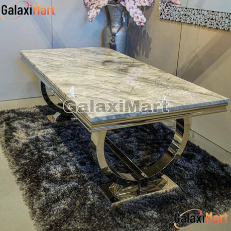 Ariana 150cm/ 180cm/200cm Grey Marble Dining Table and Silver Velvet Dining Chairs Rink Knocker