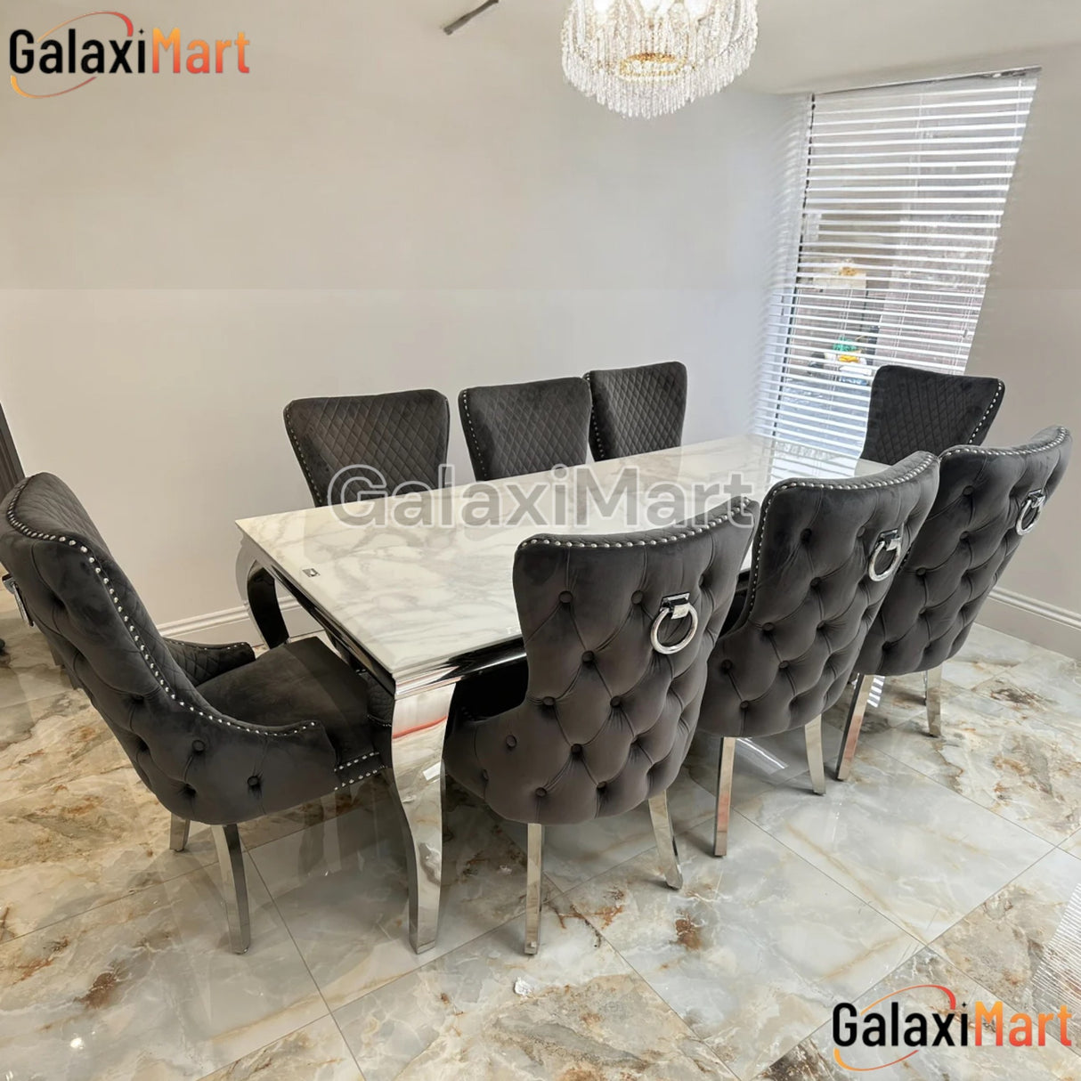 Louis 150cm/180cm/200cm White Marble Dining Table With Tufted Ring Knocker Velvet Dining Chairs