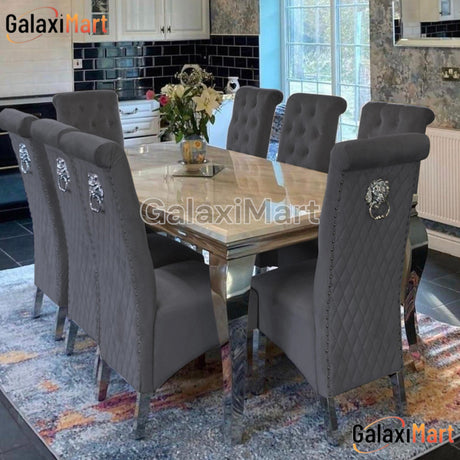 Louis Cream Marble Dining Table and Set of Black/Grey Sofia Dining Chairs