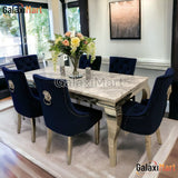 Louis 150cm/180cm/200cm Grey Marble Dining Table With set of Lion Knocker Velvet Dining Chairs, Mink