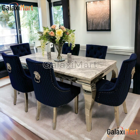 Louis 150cm/180cm/200cm Grey Marble Dining Table With set of Lion Knocker Velvet Dining Chairs, Blue