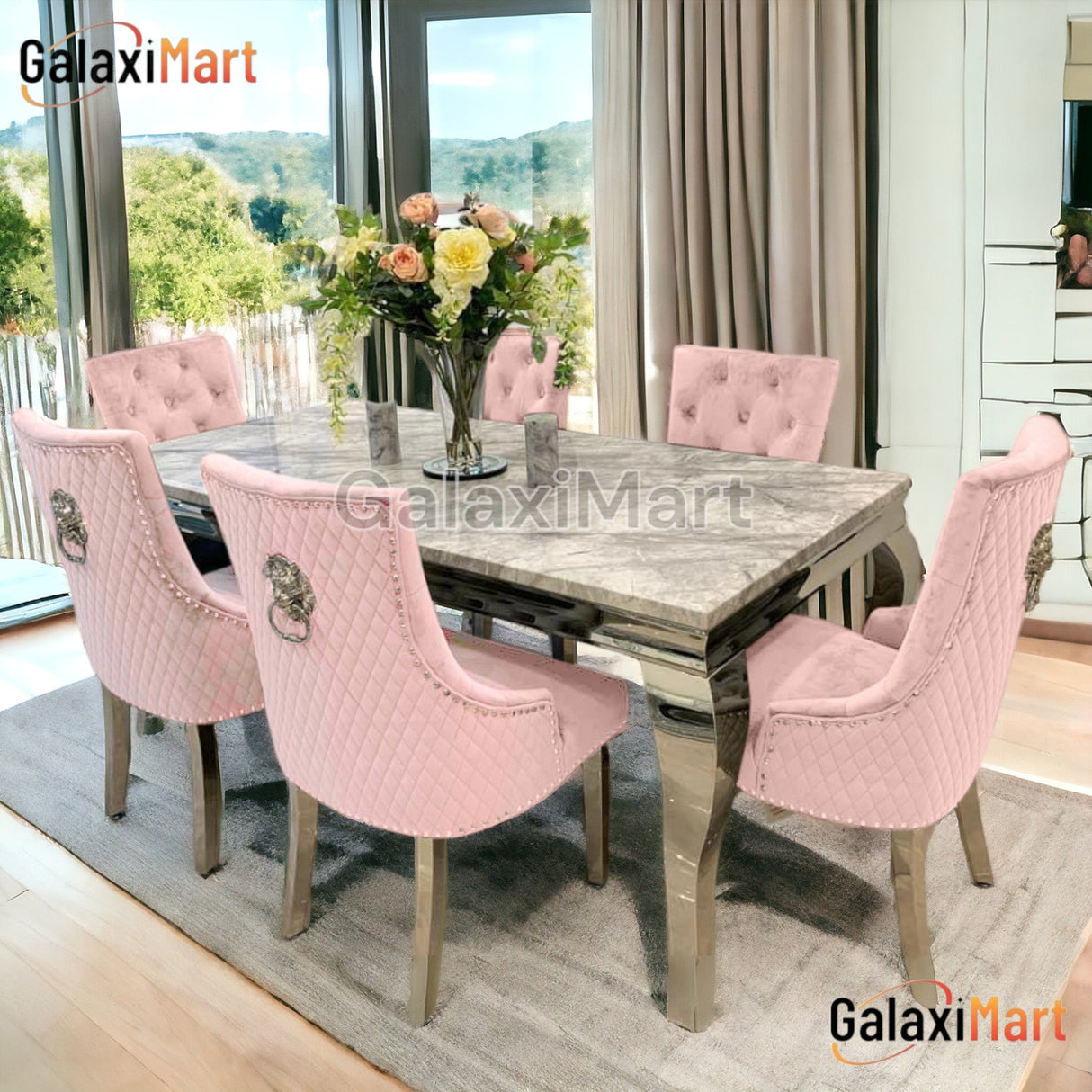 Louis 150cm/180cm/200cm Grey Marble Dining Table With set of Lion Knocker Velvet Dining Chairs, Pink