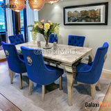 Louis 150cm/180cm/200cm Grey Marble Dining Table With set of Lion Knocker Velvet Dining Chairs, Blue