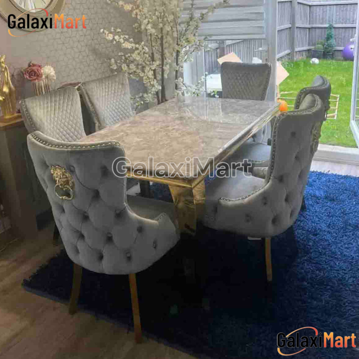 Louis 150cm/180cm/200cm Gold & Grey Marble Dining Table With Tufted Loin Knocker Velvet Dining Chairs