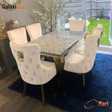 Louis 150cm/180cm/200cm Gold & Grey Marble Dining Table With Tufted Loin Knocker Velvet Dining Chairs