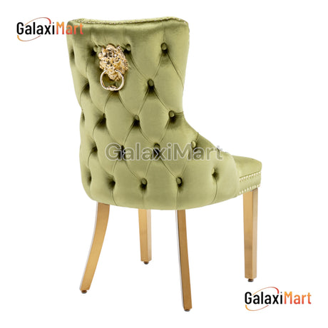 Victoria -Loin Gold Door Knocker - Buttoned Back -Emerald Green Velvet - Dining Chairs With Gold Legs