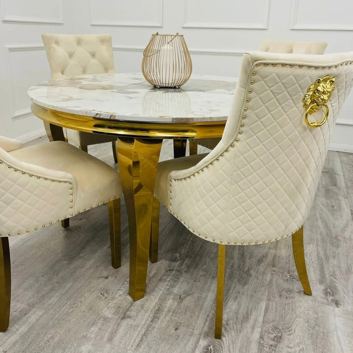 Loui 130cm Gold Round  Dining Table With Gold Lion Knocker Dining Chairs