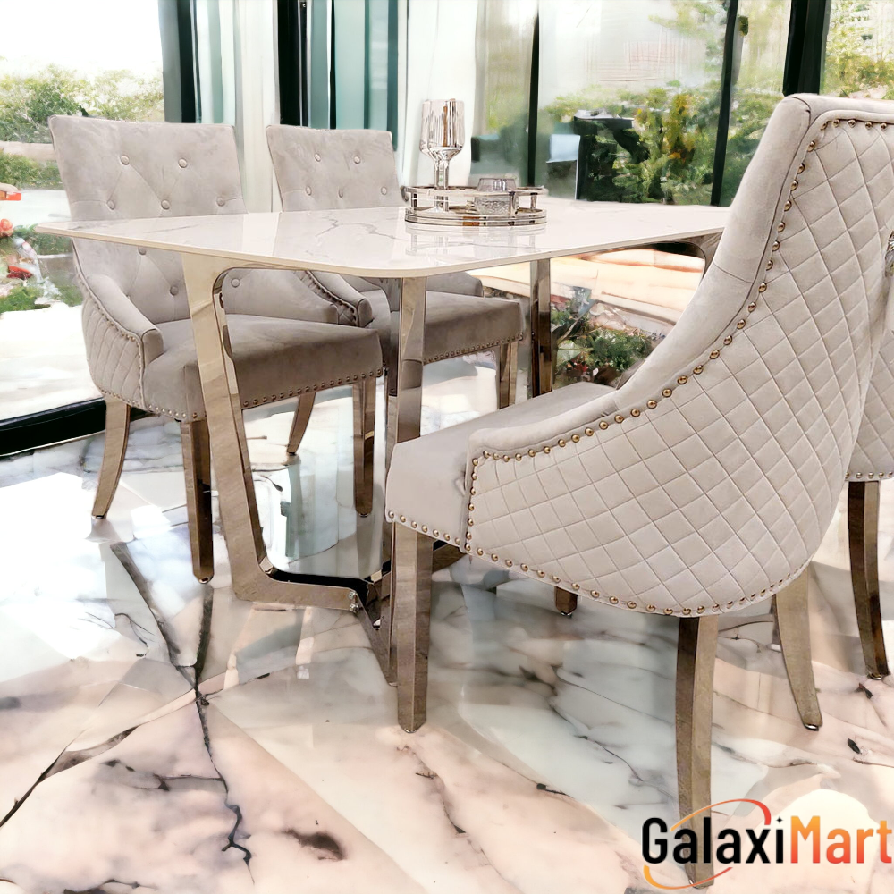 Lucien 1.6 Chrome Dining Table with Polar White Sintered Stone Top and Majestic Chairs