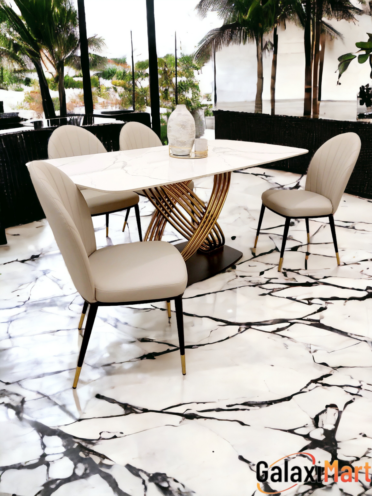 Orion Gold 1.8 Dining Table with Polar White Sintered Stone Top and Etta Leather Chairs