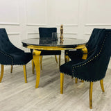 Loui 130cm Gold Round  Dining Table With Gold Lion Knocker Dining Chairs