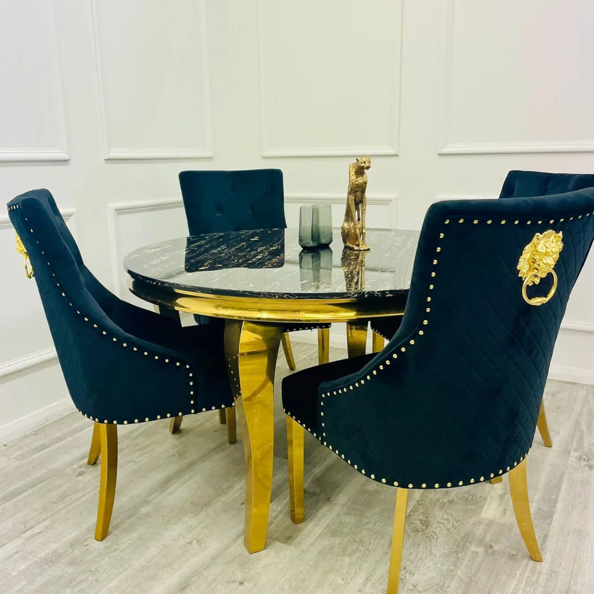 Loui 130cm Gold Round  Dining Table With Gold Lion Knocker Dining Chairs