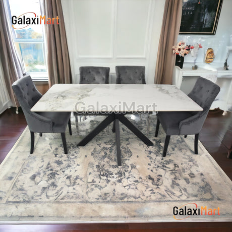 180cm White Ceramic Marble Dining Table With Grey Velvet Black Ring Chairs