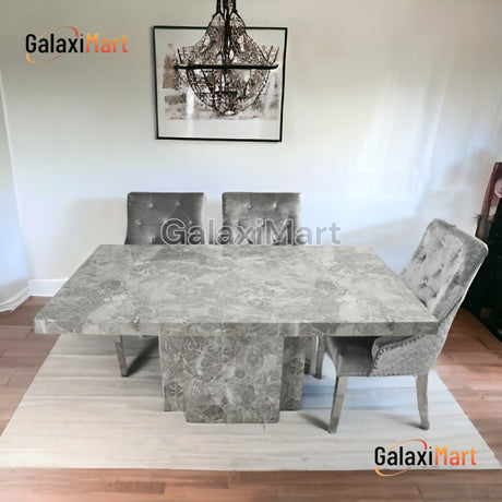 Chigwell 150cm/180cm Grey Marble Dining Table + Plush velvet Loin knocker dining chairs