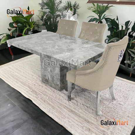 Chigwell 150cm/180cm Grey Marble Dining Table + Plush velvet Loin knocker dining chairs