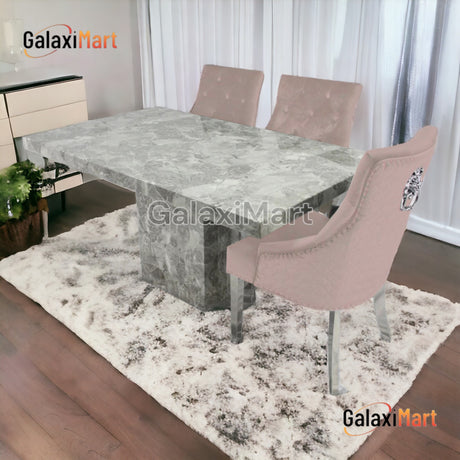 Chigwell 150cm/180cm Grey Marble Dining Table + Plush velvet Loin knocker dining chairs