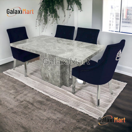 Chigwell 150cm/180cm Grey Marble Dining Table + Plush velvet Loin knocker dining chairs