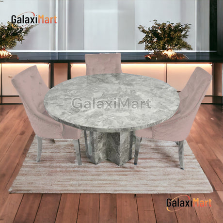 Chigwell 130cm Round Grey Marble Dining Table + Plush Velvet Loin knocker Dining Chairs