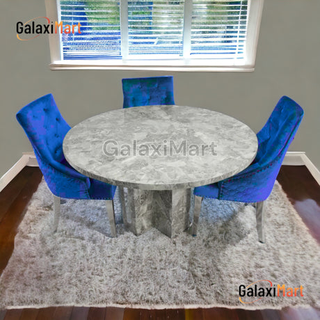 Chigwell 130cm Round Grey Marble Dining Table + Plush Velvet Loin knocker Dining Chairs