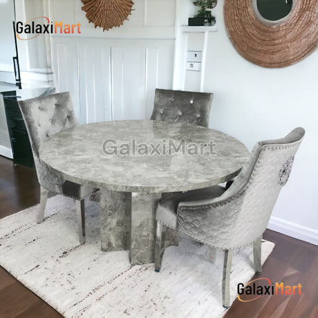 Chigwell 130cm Round Grey Marble Dining Table + Plush Velvet Loin knocker Dining Chairs