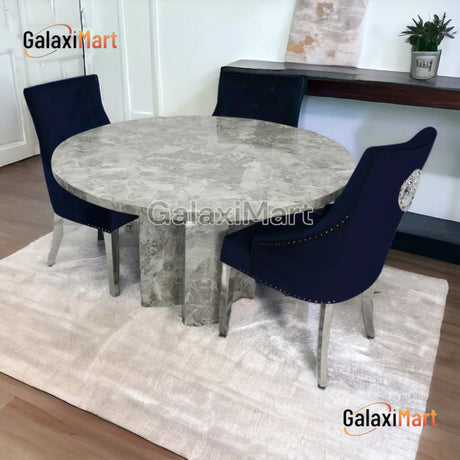 Chigwell 130cm Round Grey Marble Dining Table + Plush Velvet Loin knocker Dining Chairs