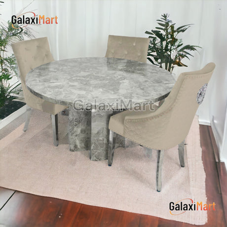 Chigwell 130cm Round Grey Marble Dining Table + Plush Velvet Loin knocker Dining Chairs