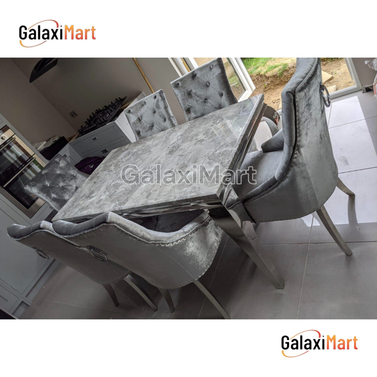 Louis 150cm/180cm/200cm Grey Marble Dining Table With set of Ring Knocker Silver Grey Velvet Dining Chairs