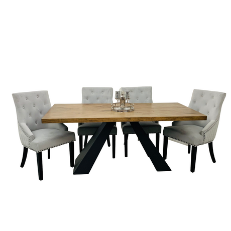 Axel 1.8m Dining Oka Wooden Top Dining Table With Set of Majestic Ring Knocker Chairs with Black Legs