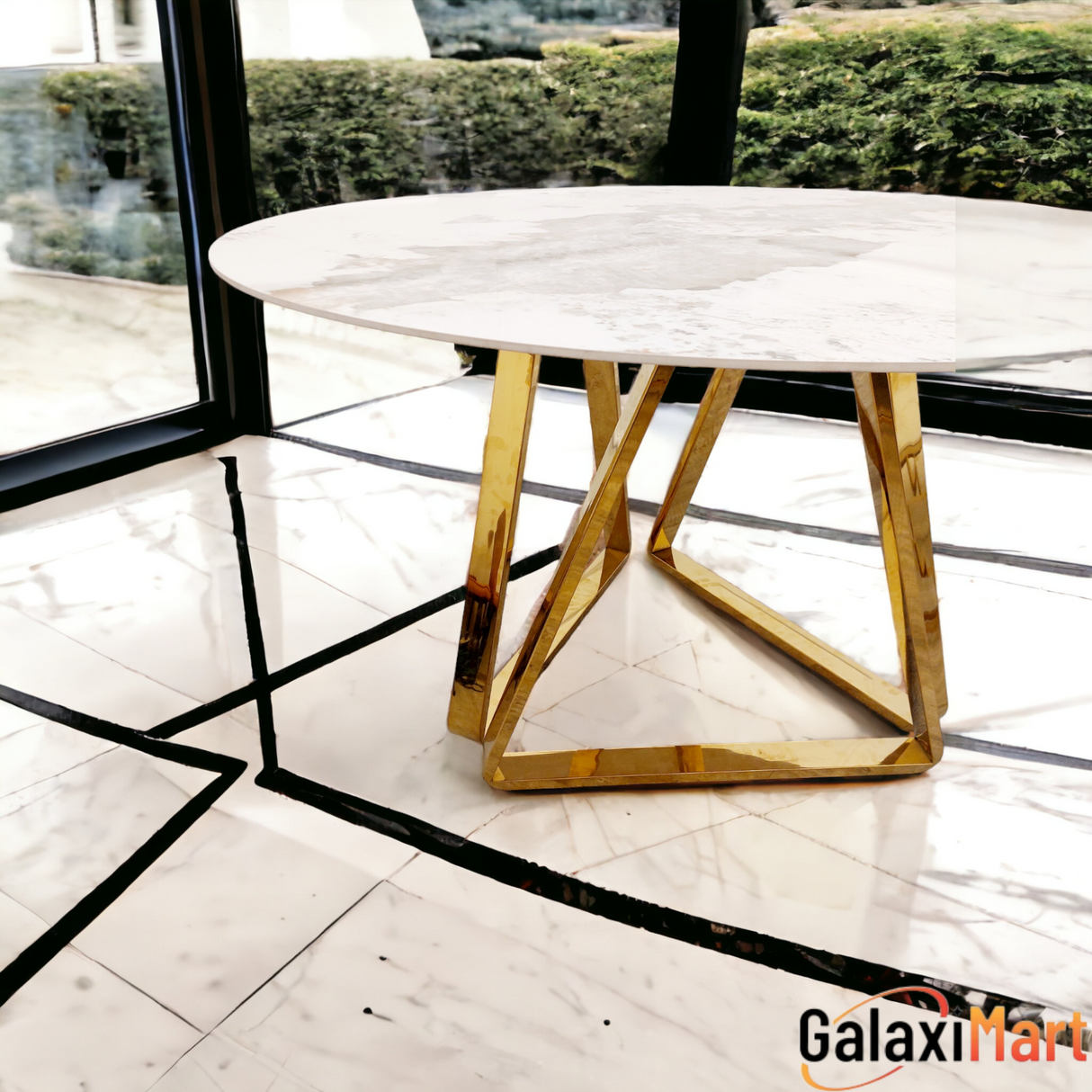 Nero Gold 1.3 Round Dining Table with Sintered Stone Top and Etta Leather Chairs