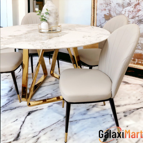 Nero Gold 1.3 Round Dining Table with Sintered Stone Top and Etta Leather Chairs