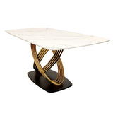 Orion Gold 1.8 Dining Table with Polar White Sintered Stone Top and Etta Leather Chairs