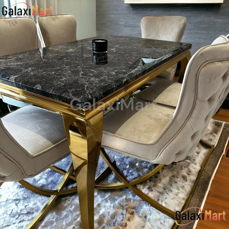 Louis Gold & Black Marble Dining Table With Sandy Button Gold Dining Chairs