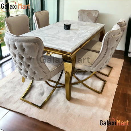 Louis Gold & White Marble Dining Table With Sandy Button Gold Dining Chairs