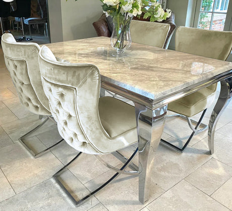 Louis Grey Marble Dining Table 150cm/ 180cm/ 200cm  + Sandhurst Button Back Plush Velvet Dining Chairs, Dark Grey