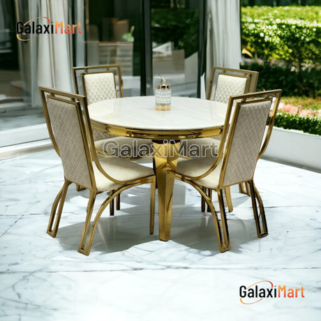 Louis 130cm Gold Round Dining Table With Gold Metal Frame Dining Chairs