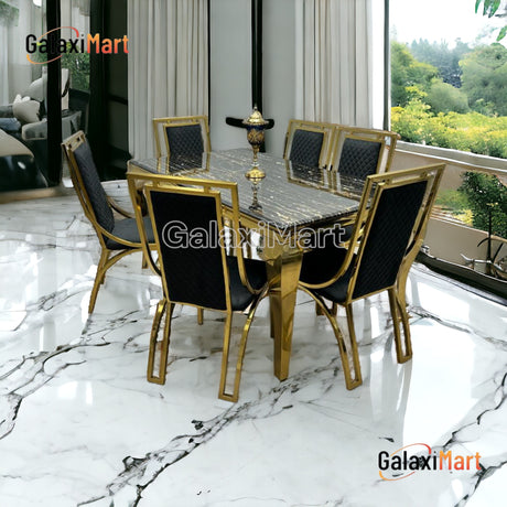 Louis Gold Marble Dining Table With Gold Metal Frame Dining Chairs