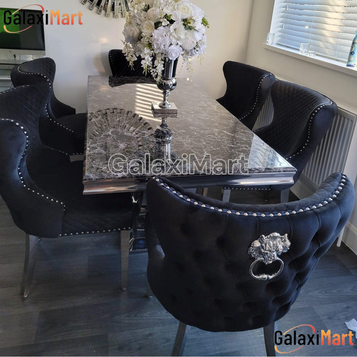 Ariel 160cm/180cm/200cm Black Marble Dining Table With Tufted Valentino Loin Knocker Velvet Dining Chairs