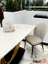 Orion Gold 1.8 Dining Table with Polar White Sintered Stone Top and Etta Leather Chairs