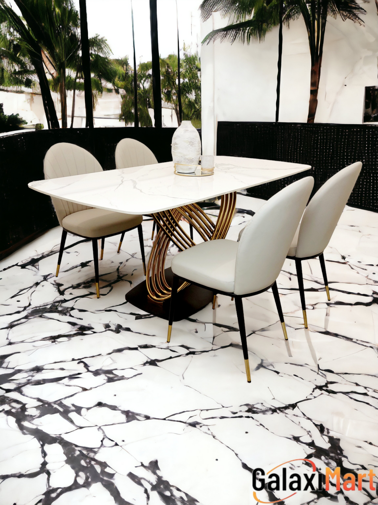 Orion Gold 1.8 Dining Table with Polar White Sintered Stone Top and Etta Leather Chairs