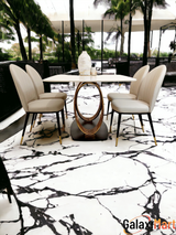 Orion Gold 1.8 Dining Table with Polar White Sintered Stone Top and Etta Leather Chairs