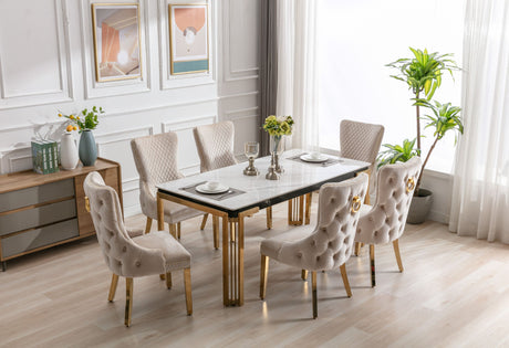 Sorrento Rectangle 1.8m/180cm Ceramic Gold & Cream Table + Cream Gold Ring Knocker Velvet Chairs/ Gold and Cream dining table