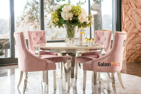 Louis 130x130cm Cream Round Marble Dining Table + 4 Pink Luxurious Velvet Dining Chairs